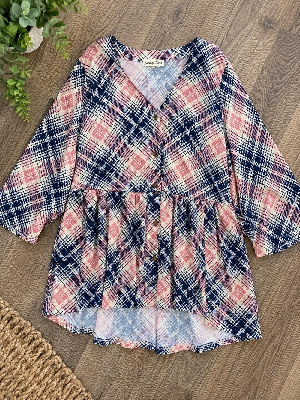 Indigo Rose Pink & Navy Plaid Peplum Tunic